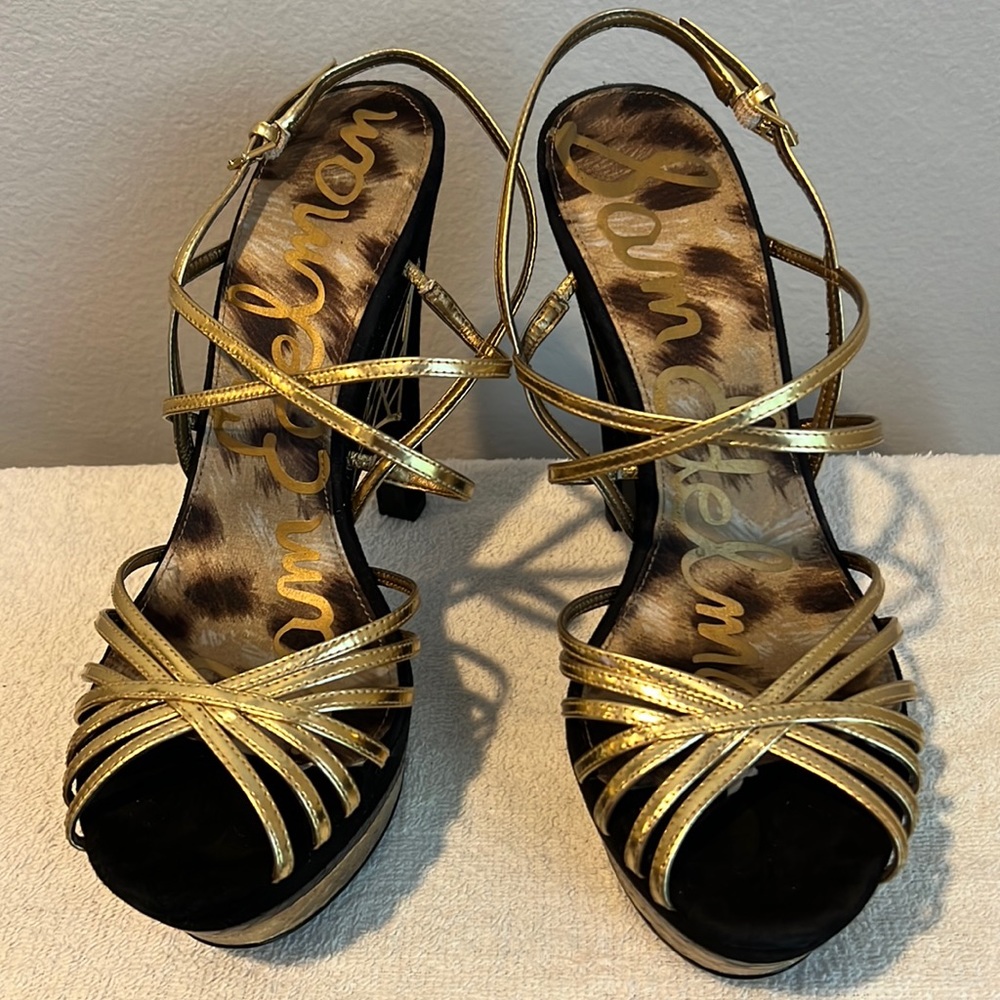 Sam Edelman strappy platform heels, black and metallic gold